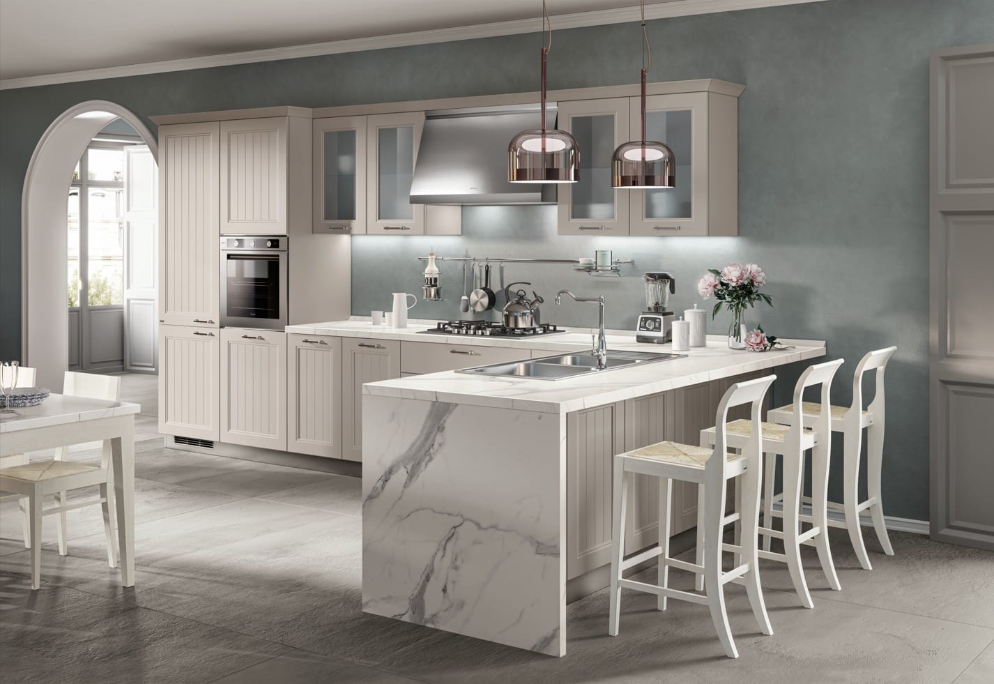 Tyylikäs vaaleanharmaa keittiö