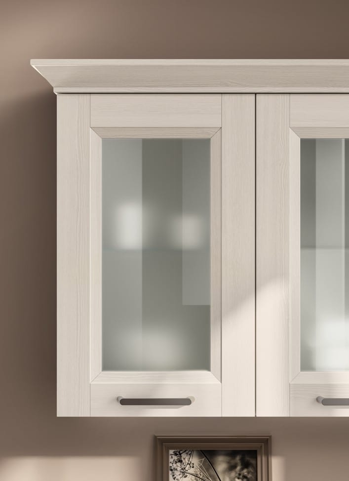 Vaalea kaappi, lasiovet, moderni tyyli