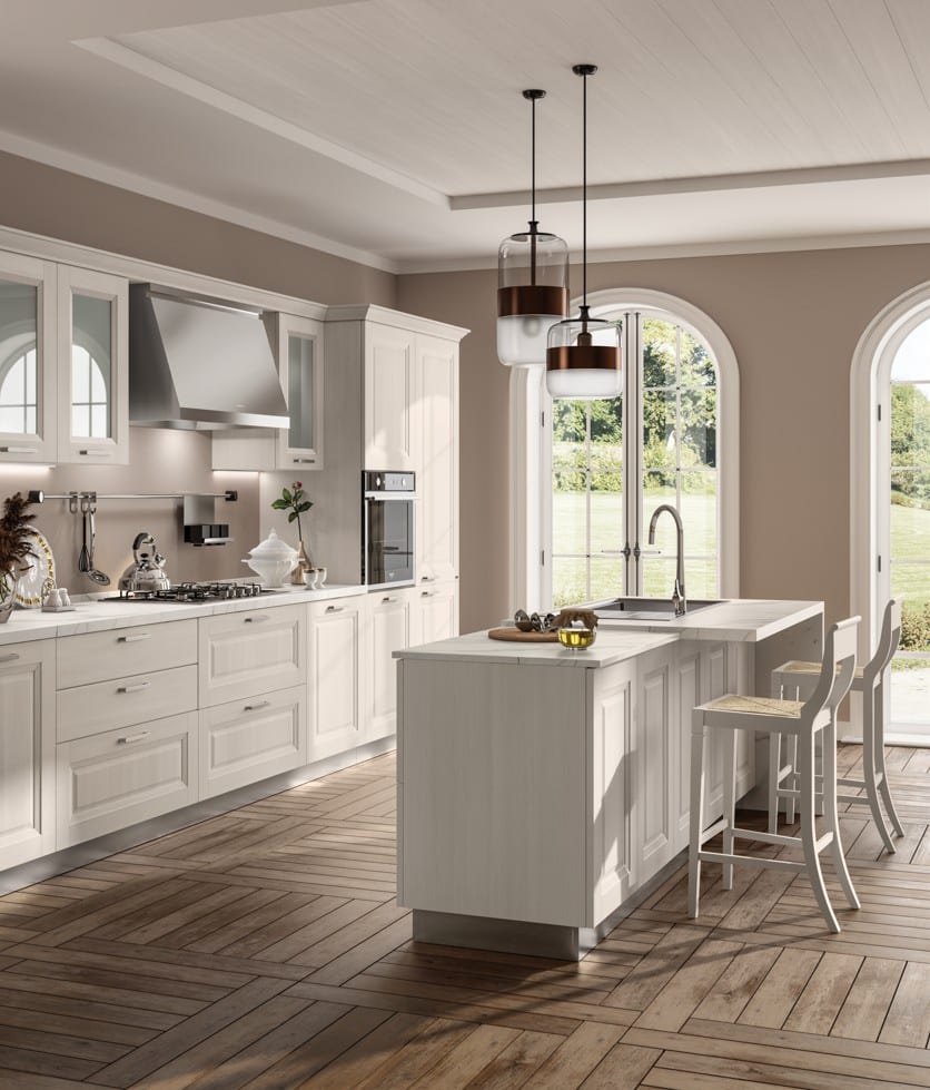 Tyylikäs keittiö vaaleilla sävyillä