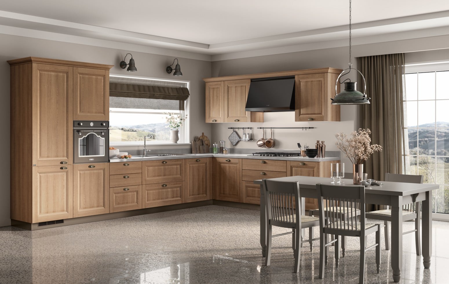 Valoisa keittiö puukaapistoilla.