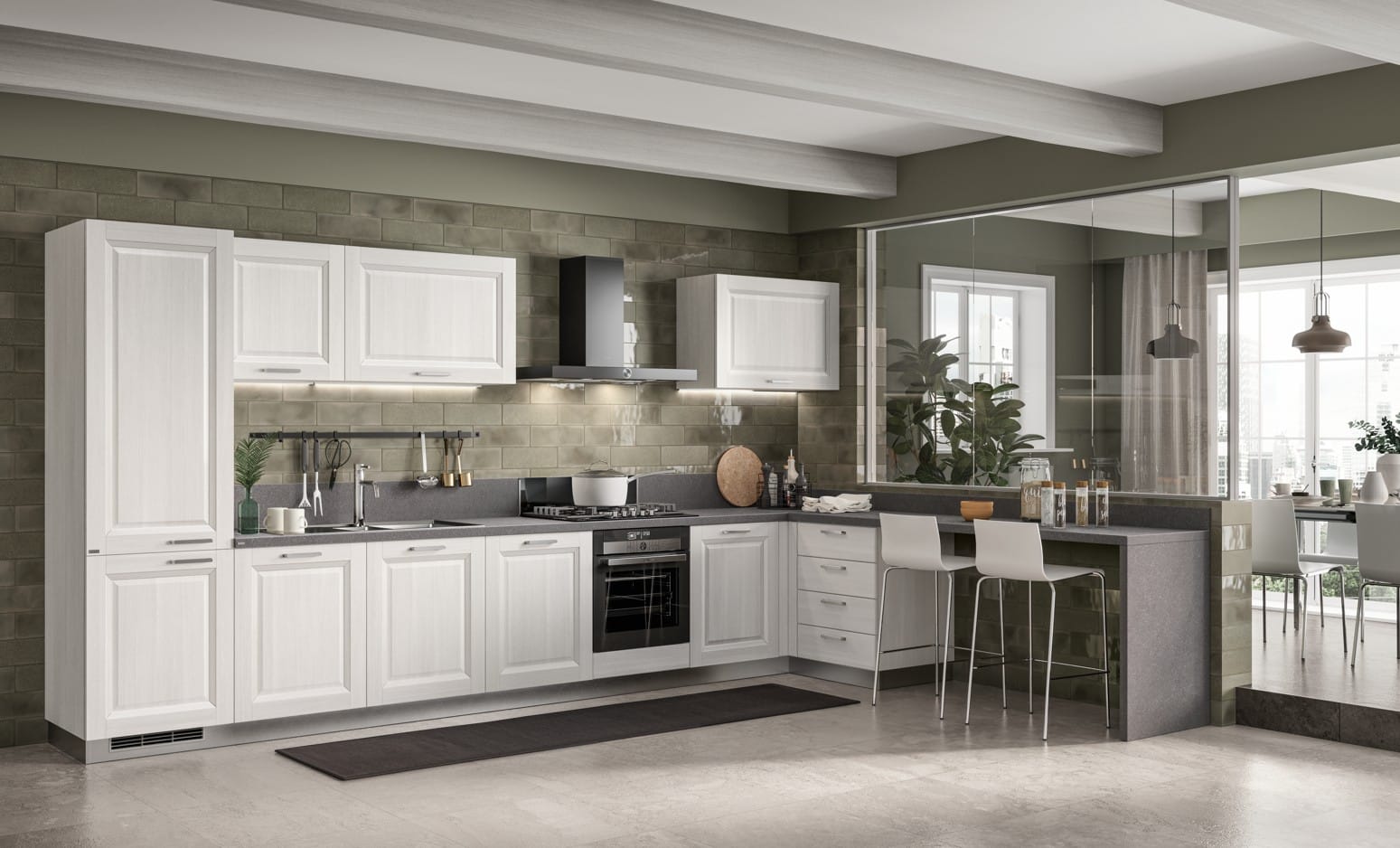 Moderni keittiö vaaleilla kaapeilla