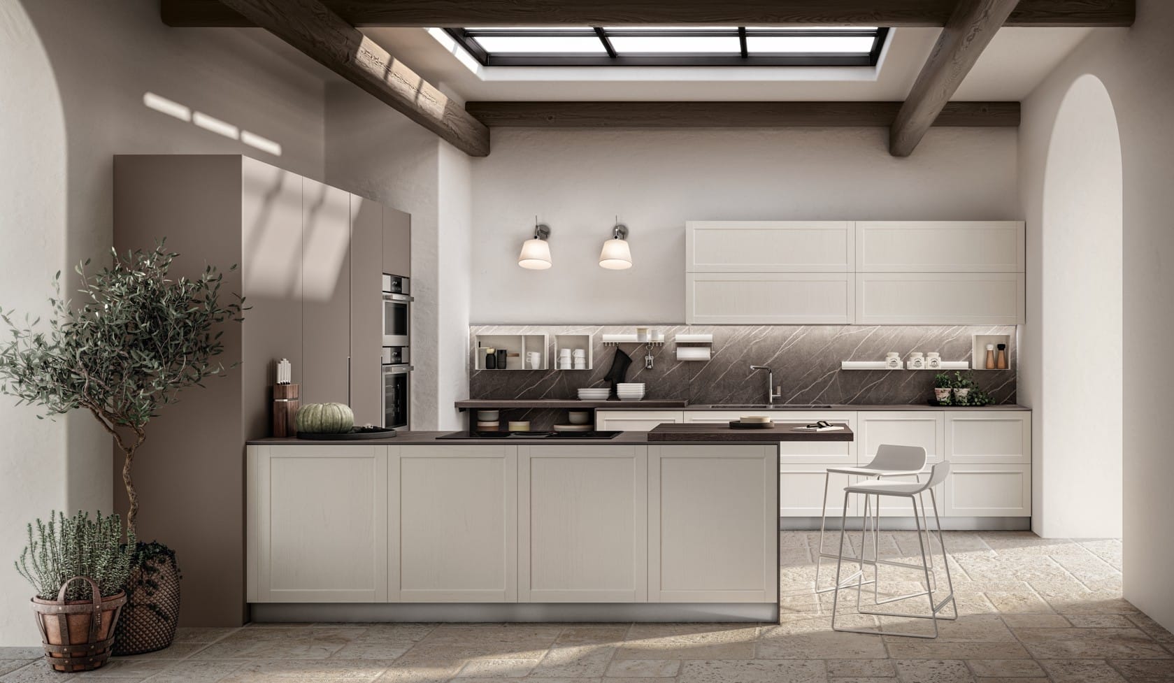 Moderni keittiö, vaaleat värit, avara tila.