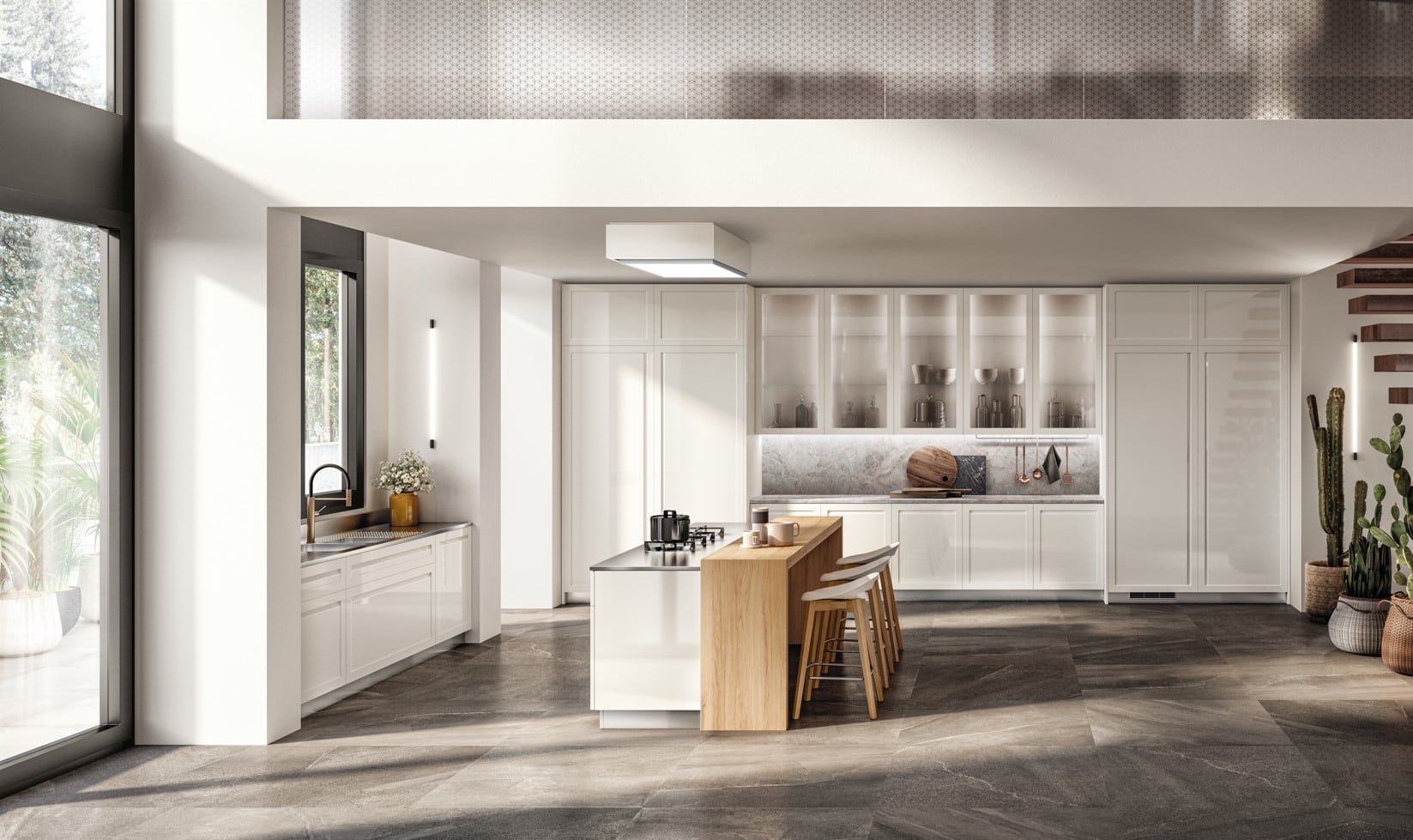 Moderni keittiö, valoisa ja avara.