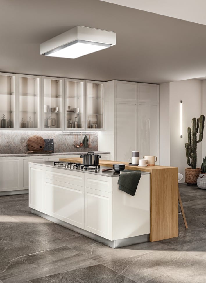 Moderni keittiö, vaaleat värit, minimalistinen