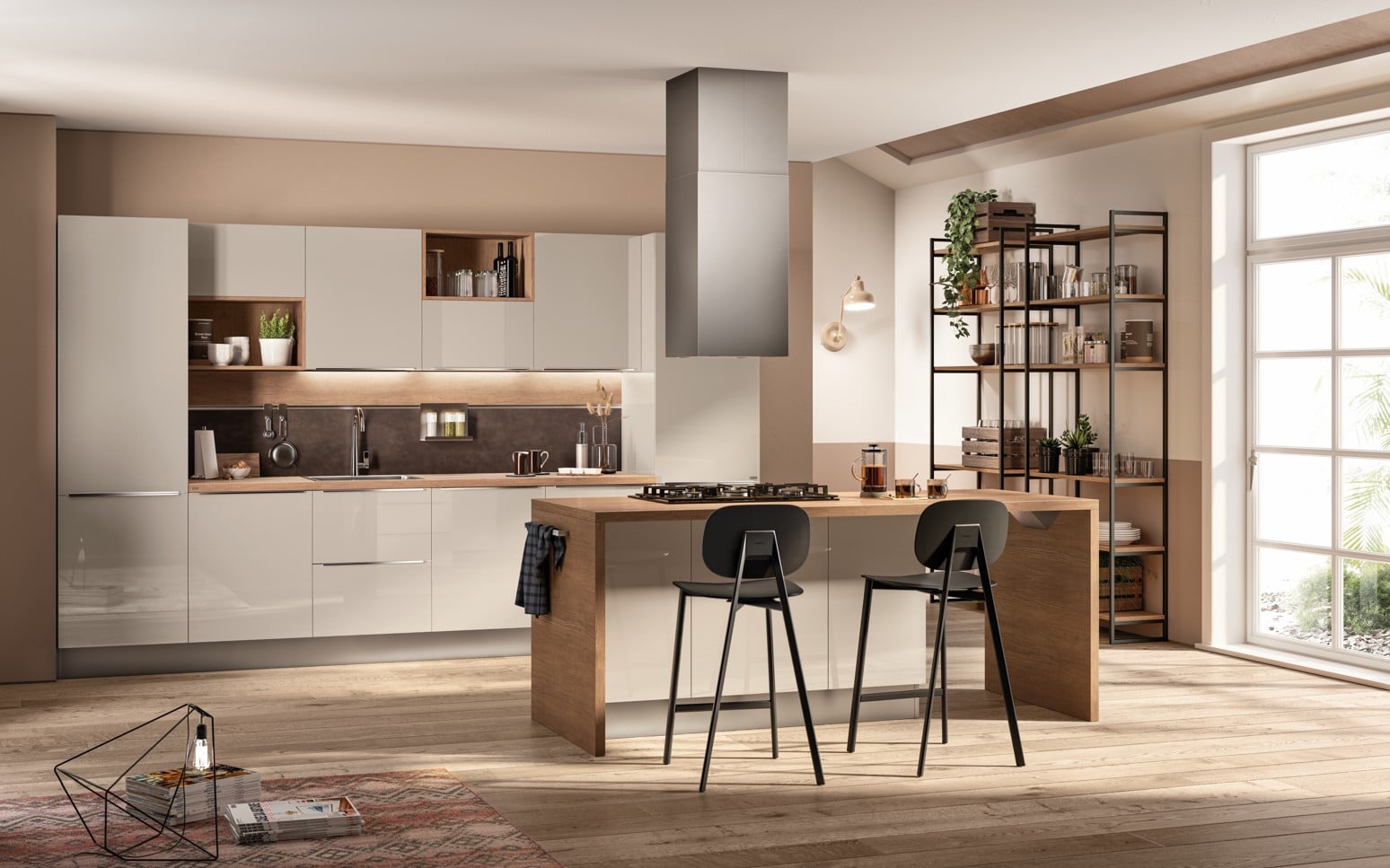 Moderni keittiö, avara ja valoisa.