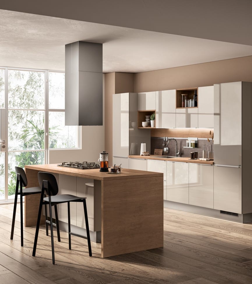 Moderni keittiö, vaaleat sävyt.