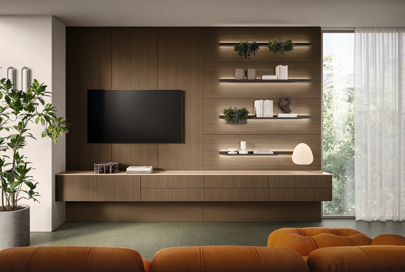 Moderni olohuone, lämmin tunnelma.