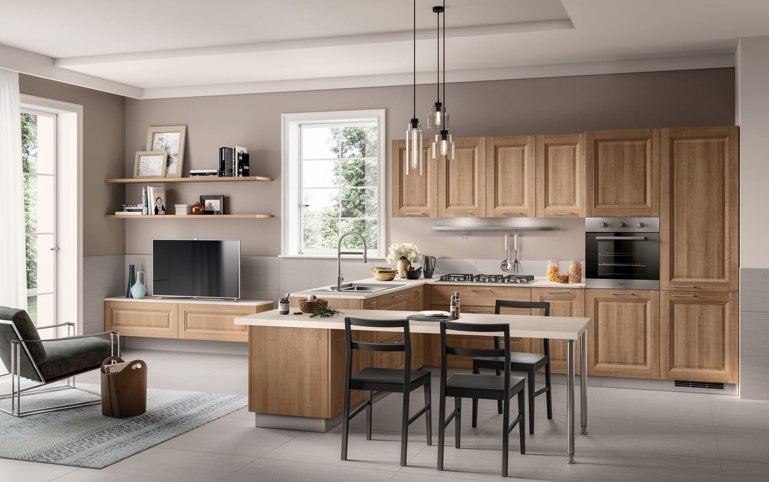 Moderni keittiö puupinnoilla ja valolla