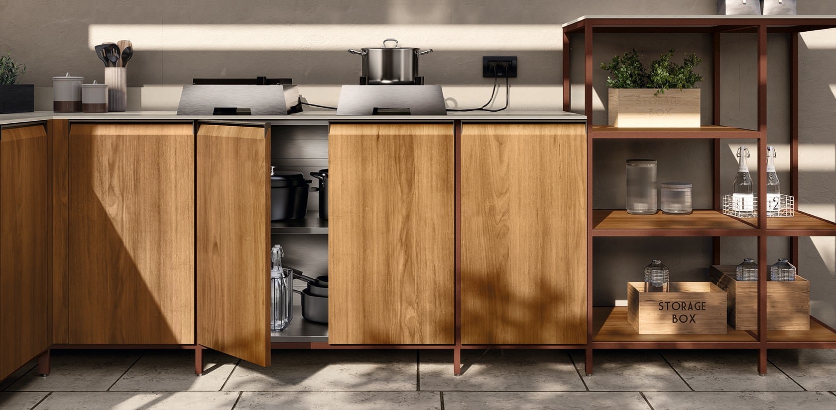 Tyylikäs keittiö, puupinnat ja säilytys.