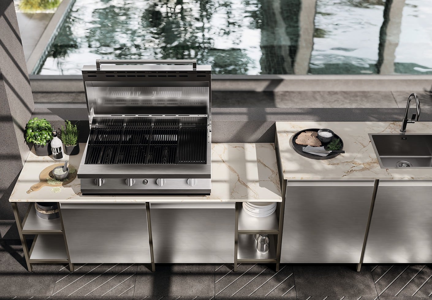 Tyylikäs ulkokeittiö grillillä.