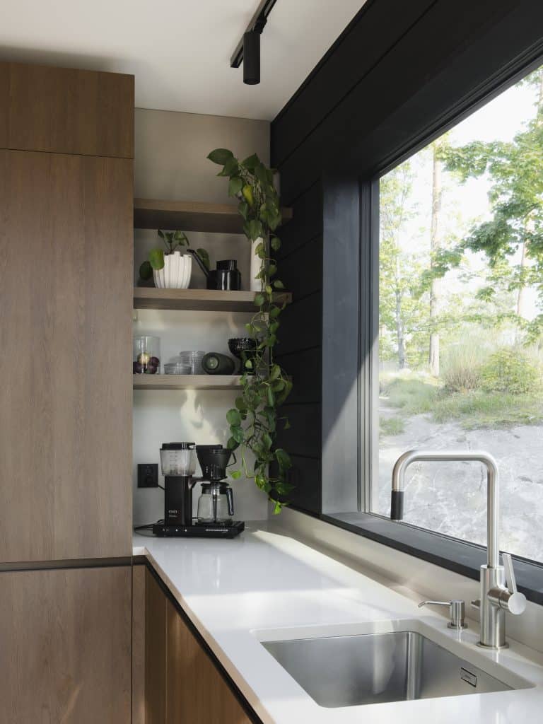 Moderni keittiö, kasvit ikkunassa.